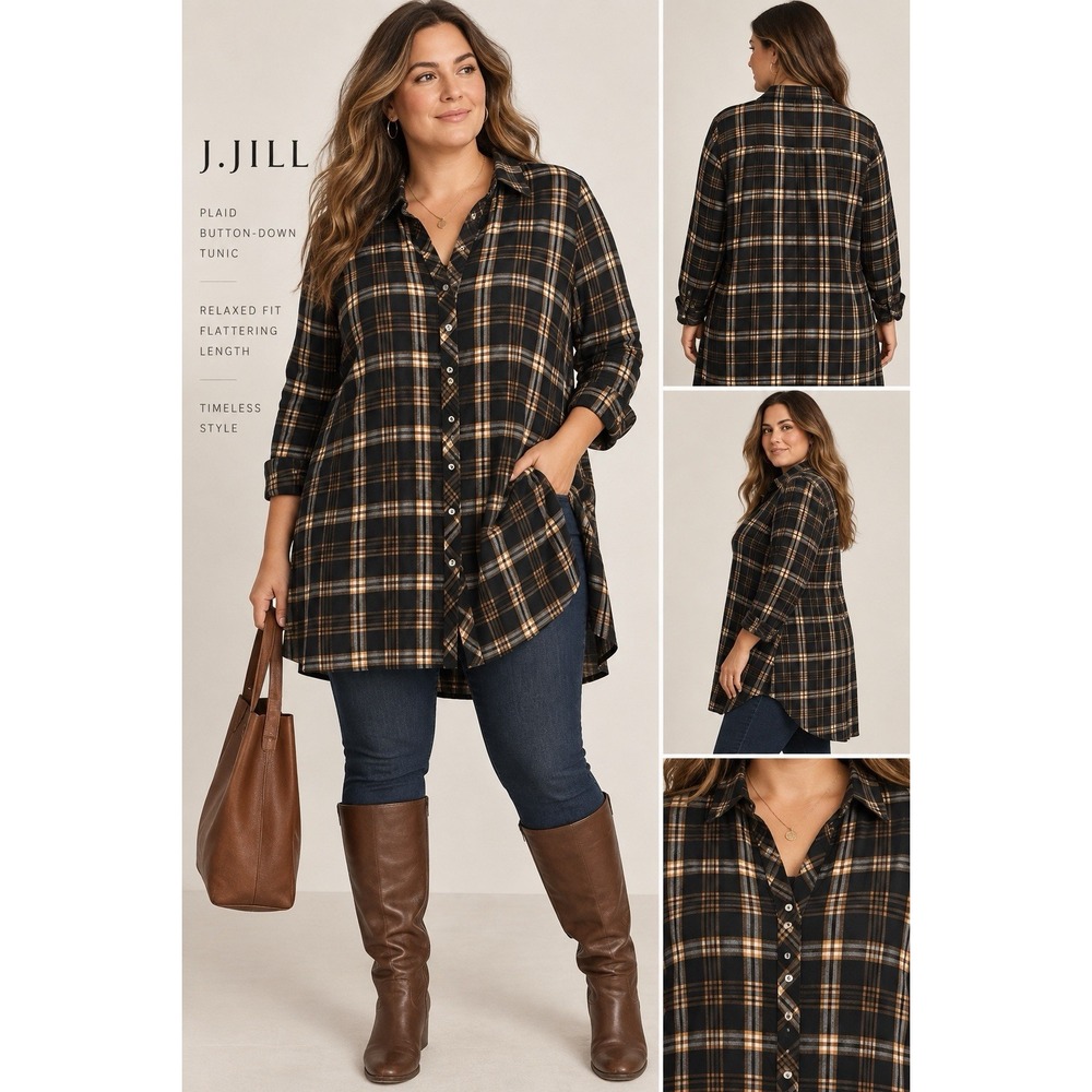 J.Jill Black Brown Plaid Flannel Tunic Top Long Button Down Shirt Dress Size 1X